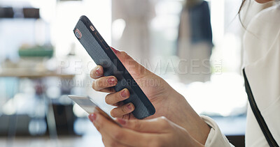 Buy stock photo Credit card, hands and phone with customer in store to search for shopping coupon or discount. App, payment and transaction with woman in fashion boutique to compare price of merchandise or product