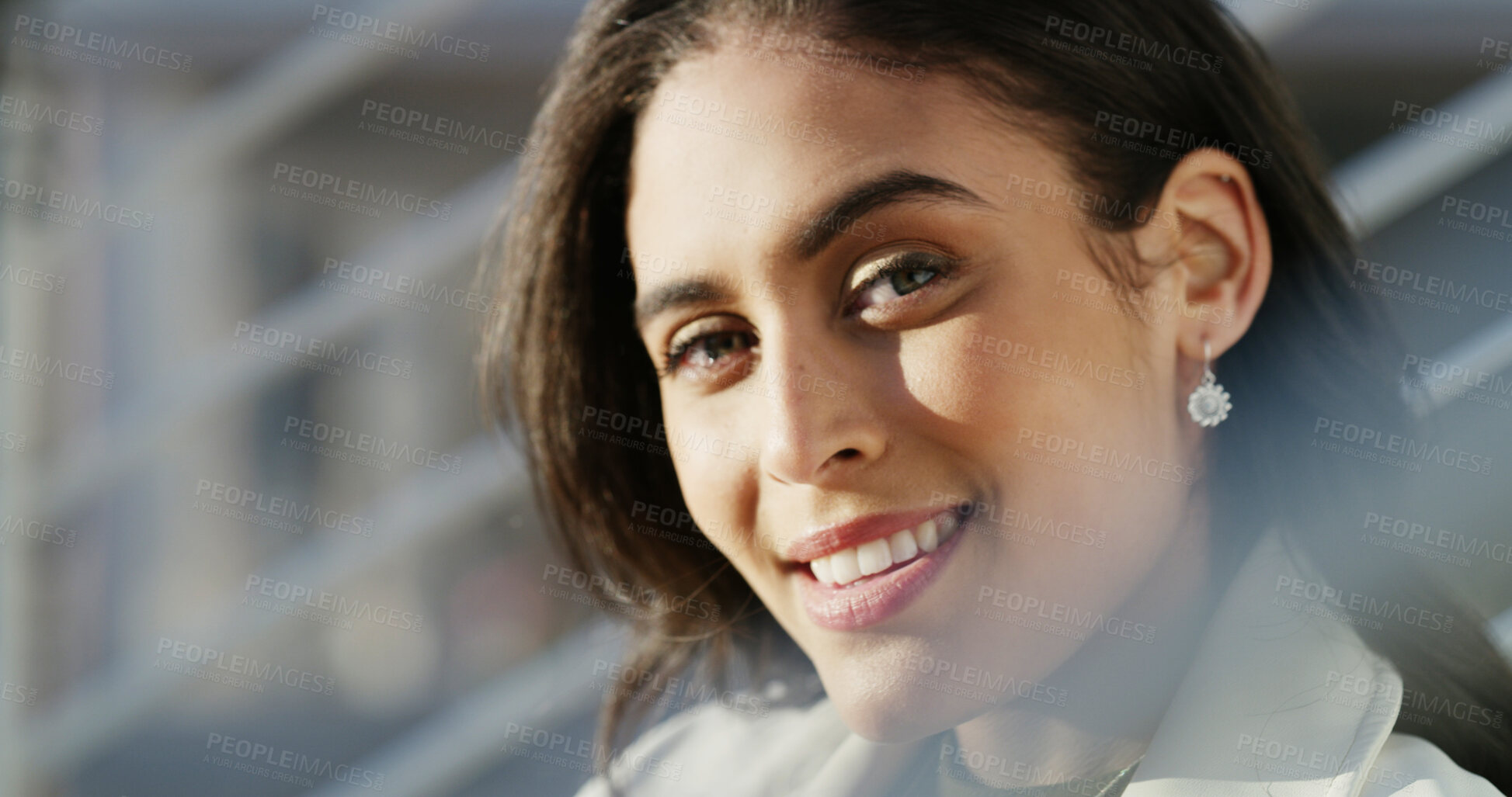 Buy stock photo Portrait, real estate and woman in city, property investment and confidence with development opportunity. Realtor, employee and professional in street, happiness and career ambition with smile