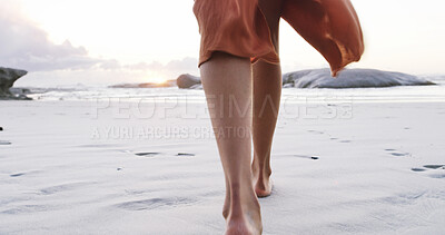 Buy stock photo Back, beach and woman with holiday, feet and walking with summer break, calm and travel. Ocean, shoreline and person with tourism, vacation or tropical island with morning steps, legs or barefoot