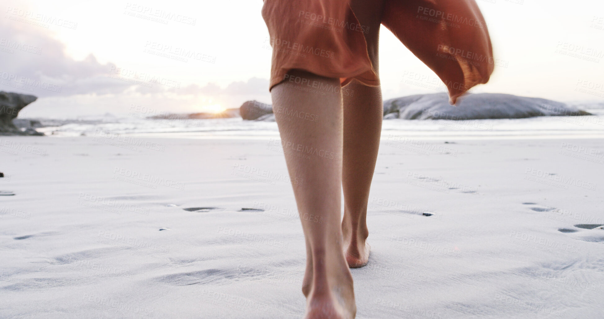 Buy stock photo Back, beach and woman with holiday, feet and walking with summer break, calm and travel. Ocean, shoreline and person with tourism, vacation or tropical island with morning steps, legs or barefoot