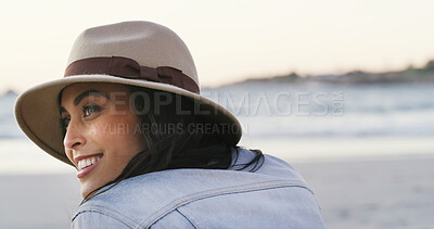 Buy stock photo Beach, smile and thinking with woman on vacation, summer holiday and space on adventure. Thoughts, ocean and happy person daydreaming in nature with reflection, memory and tourist on tropical island