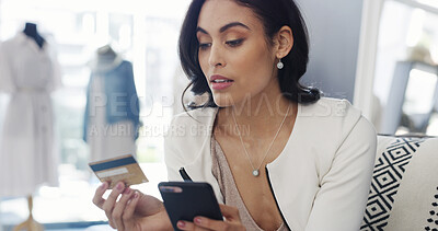 Buy stock photo Credit card, phone and shopping with woman in store to search for coupon, discount or voucher. App, bank payment and transfer with customer in fashion boutique to compare price of clothing product