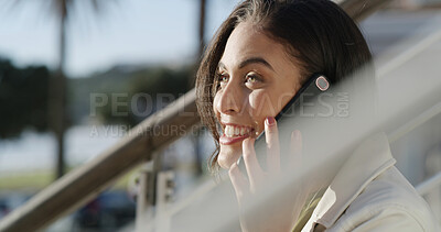 Buy stock photo Phone call, business and woman in city, smile or digital app for communication. Employee, professional or person with happiness, cellphone or talking to contact, conversation or network with internet