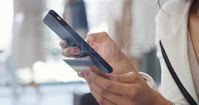 Buy stock photo Credit card, hands and phone with woman in store to search for shopping coupon or discount. App, payment and transaction with customer in fashion boutique to compare price of merchandise or product