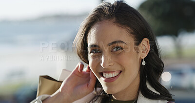 Buy stock photo Portrait, shopping bags and woman in city, smile and confidence with retail therapy. Consumer, outdoor and happy person with purchase, boutique promotion and discount deal with sale or carrying gifts