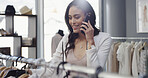 Clothes rack, phone call and shopping with happy woman in store for choice, selection or variety. Clothing, communication and outfit sale with person in fashion boutique for decision or purchase