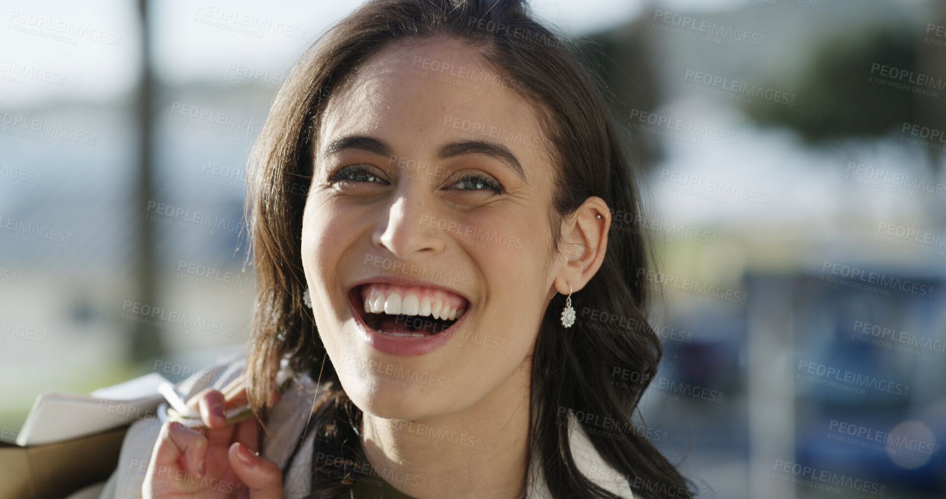 Buy stock photo Portrait, shopping bags and woman in city, funny and discount deal with retail therapy. Consumer, outdoor and person with purchase, boutique promotion and laughing with sale, smile or carrying gifts