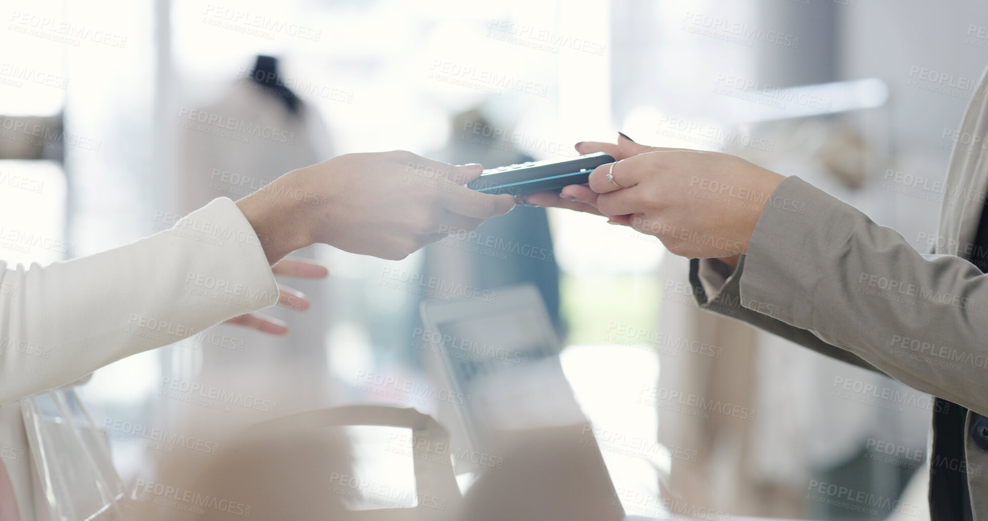 Buy stock photo Hands, payment and pos with people in shopping mall for buying, consumerism or transaction. Fintech, terminal or wireless with customer and store owner in boutique for checkout or retail purchase