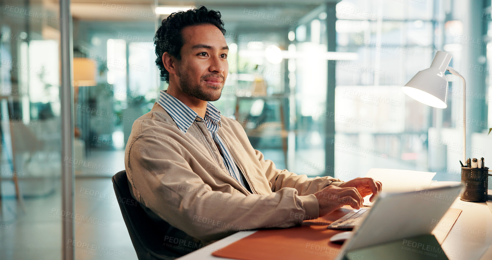Buy stock photo Online, typing and man with keyboard, office and planning for article on web, reporter and creative. Newsroom, research and person with tech for story, journalist and prepare for magazine publication