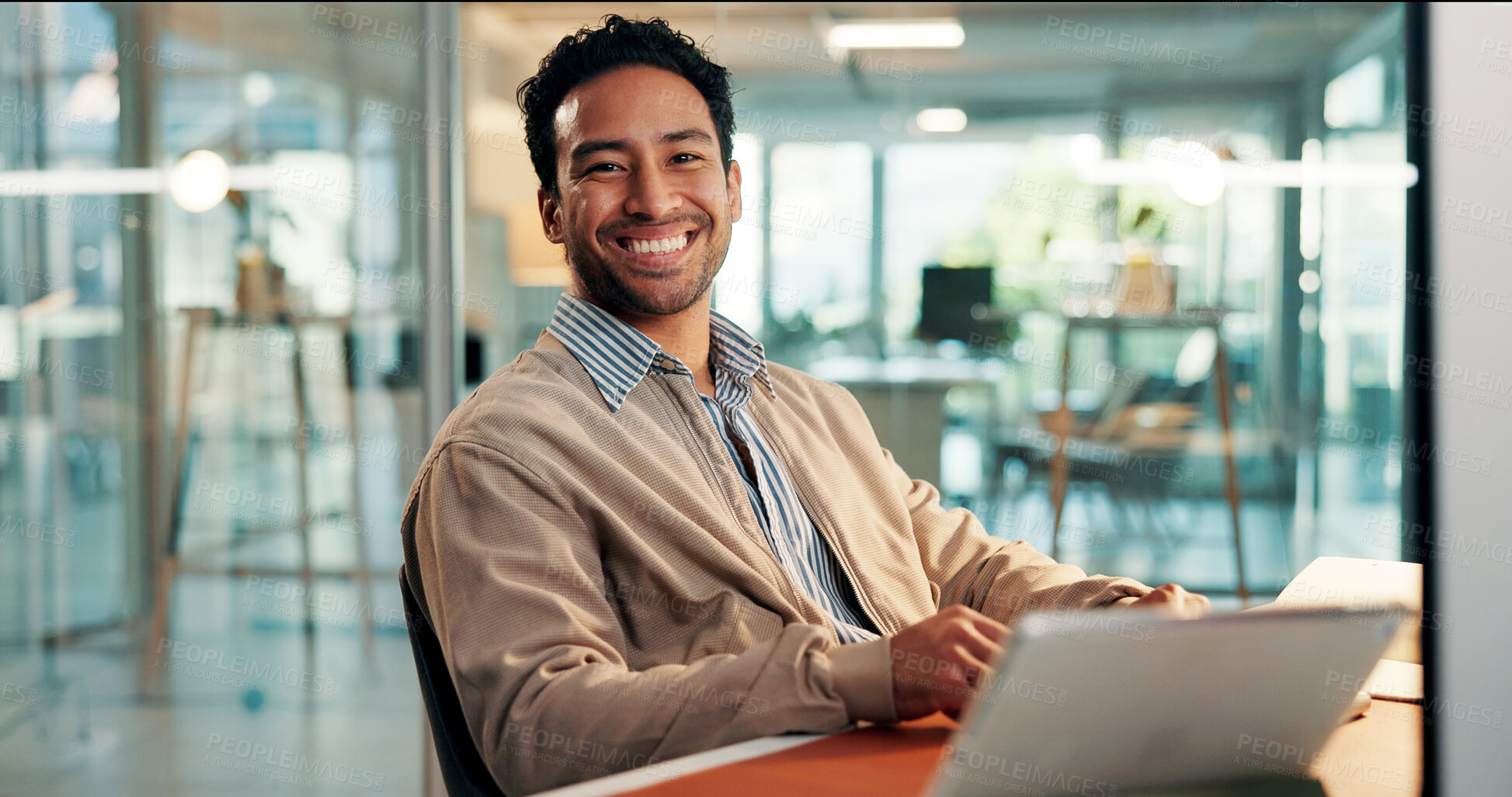 Buy stock photo Design, portrait and smile of  business man at desk in office for complete task or satisfaction. Creative, development and tablet with happy employee in workplace for online planning or research