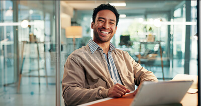 Buy stock photo Creative, portrait and smile of designer man at desk in office for complete task or satisfaction. Design, development and tablet with happy employee in workplace for online planning or research