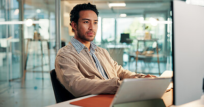 Buy stock photo Creative, typing and man with computer, office and reporter with article on web, reading and online. Editing, draft and person with tech for story, journalist and preparing for magazine publication