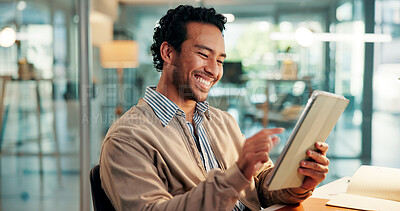 Buy stock photo Employee, scroll and man with tablet, office and planning for article on web, online and journalism. Creative, editing and person with tech for story, reporter and preparing for magazine publication