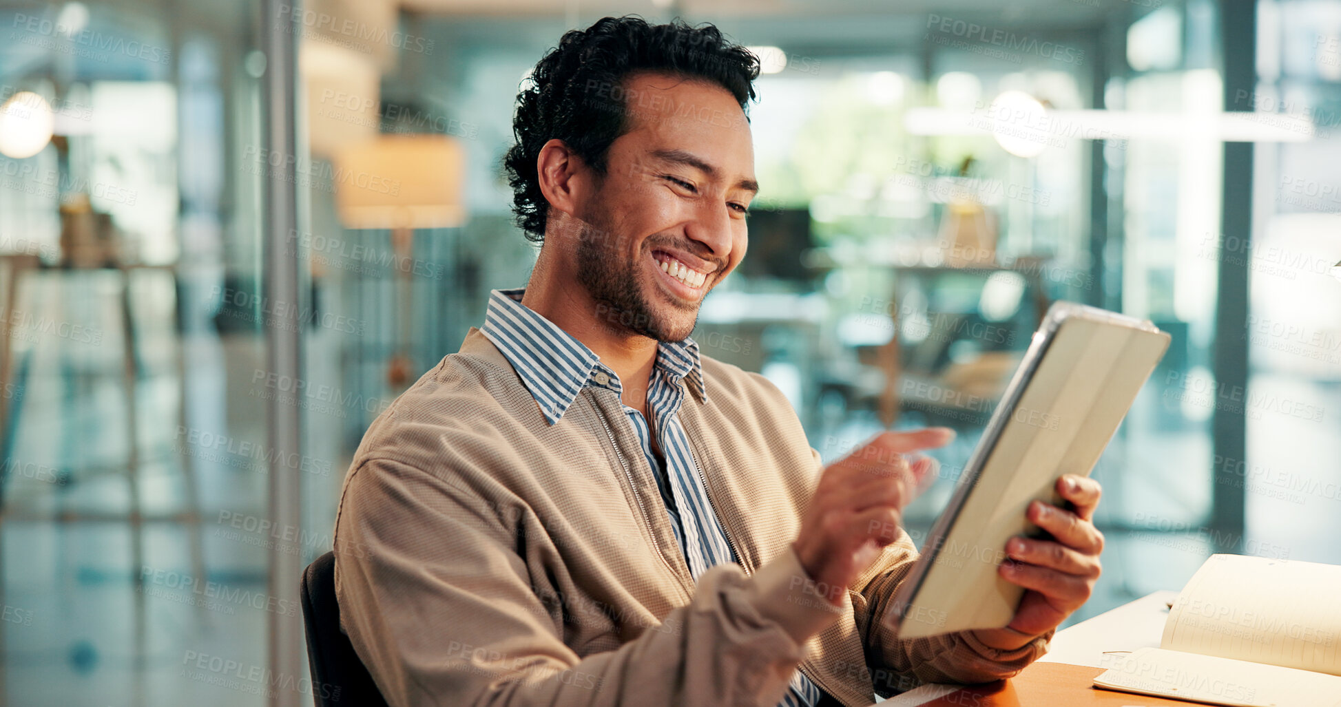 Buy stock photo Employee, scroll and man with tablet, office and planning for article on web, online and journalism. Creative, editing and person with tech for story, reporter and preparing for magazine publication