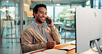 Business man, smile and phone call with computer for feedback, chat or contact source for story. Mobile, journalist and person in office with tech for communication, article publication and news