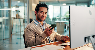 Buy stock photo Reading, smartphone and business man in office for communication, schedule post and campaign. Mobile, social media marketer and person in workplace for ad notification, sponsorship review and smile