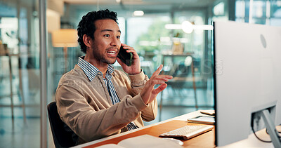 Buy stock photo Business man, office and phone call with computer for feedback, chat or contact source for story. Mobile, journalist and person at workplace with tech for communication, article publication and news