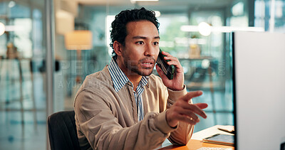 Buy stock photo Stress, laptop or man in office with phone call for crisis, software glitch or system crash for technical advice. Worry, shock or broker with lost investment proposal, tech or IT department support