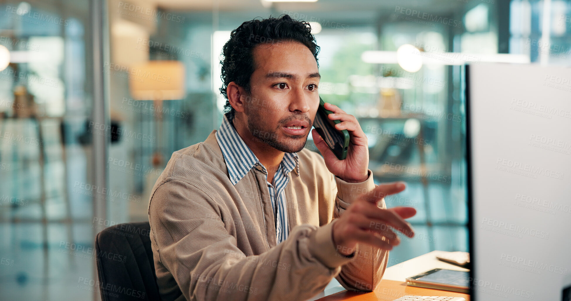 Buy stock photo Stress, laptop or man in office with phone call for crisis, software glitch or system crash for technical advice. Worry, shock or broker with lost investment proposal, tech or IT department support