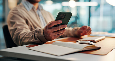 Buy stock photo Business man, office or hands with smartphone, check time or waiting for client feedback at night. Deadline pressure, overtime or investor expect notification for update, project status email or tech