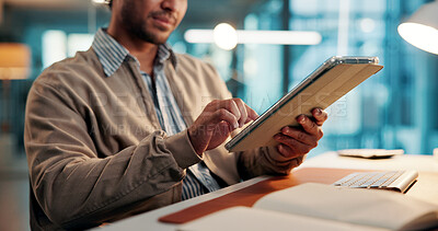 Buy stock photo Journalist, hands or tablet in office for review, research feature info or proofreading article at night. Submission deadline, late editing or man with tech in agency, verify story fact or check news