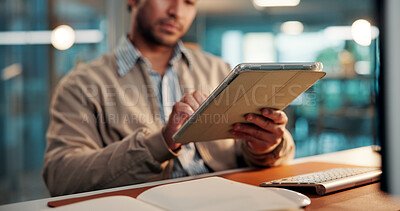 Buy stock photo Journalism, hands or tablet in office for review, research feature info or proofreading article at night. Submission deadline, late editing or man with tech in agency, verify story fact or check news