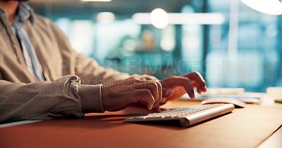 Buy stock photo Creative, typing and hands with keyboard, office and planning for article on website and journalism. Online, research and person with tech for story, journalist and preparing for magazine publication