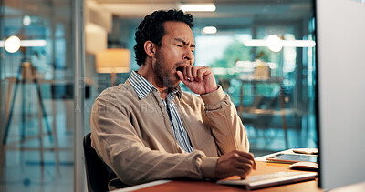 Buy stock photo Tired, yawn and businessman in office with fatigue for creative project with online deadline. Burnout, overtime and male magazine editor with computer for publishing task with exhaustion in workplace
