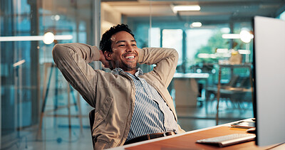 Buy stock photo Computer, relax and smile with business man at desk in office for complete task or satisfaction. Done, hands behind head and PC with happy employee in workplace for planning, research or stretching