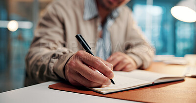 Buy stock photo Hands, writing notes and book at office with review, proposal or research for article at media company. Person, writer or journalist with planning story, editing and checklist at creative agency