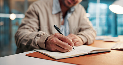 Buy stock photo Hands, writing notes and book at startup with review, proposal or research for article at media company. Person, writer or journalist with planning story, editing and checklist at creative agency