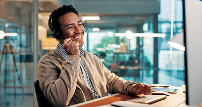 Buy stock photo Headset, laughing and support with man in call center for assistance, consulting or feedback. Computer, customer service and funny with agent at desk in office for contact or problem solving solution