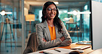 Crossed arms, happy and portrait of businesswoman in office with confidence for finance career. Professional, glasses and female financial manager with pride for accounting internship in workplace.