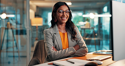 Buy stock photo Crossed arms, happy and portrait of businesswoman in office with confidence for finance career. Professional, glasses and female financial manager with pride for accounting internship in workplace.