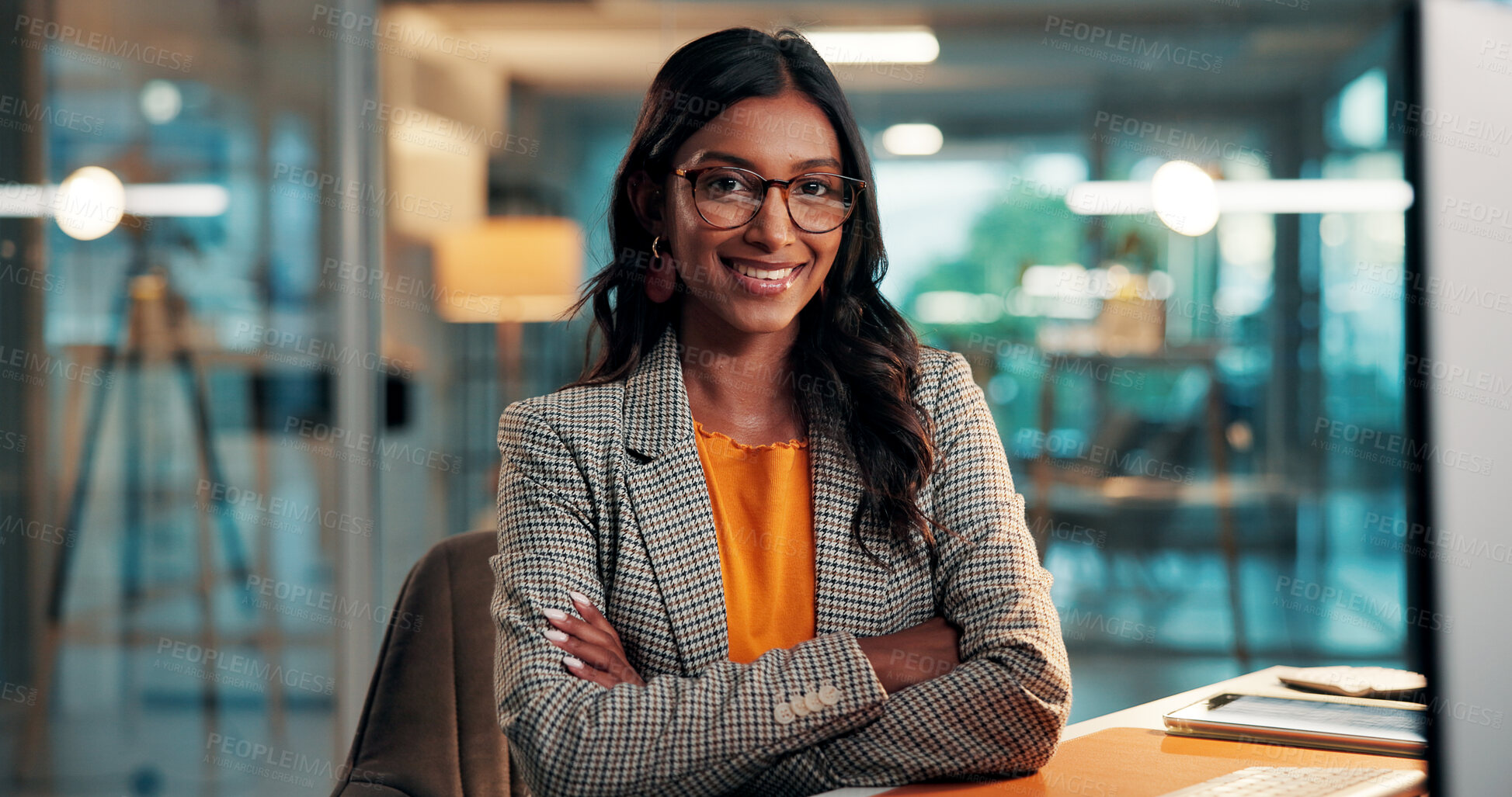 Buy stock photo Crossed arms, smile and portrait of businesswoman in office in evening for finance deadline. Corporate, glasses and financial manager with pride for accounting internship in workplace with overtime.