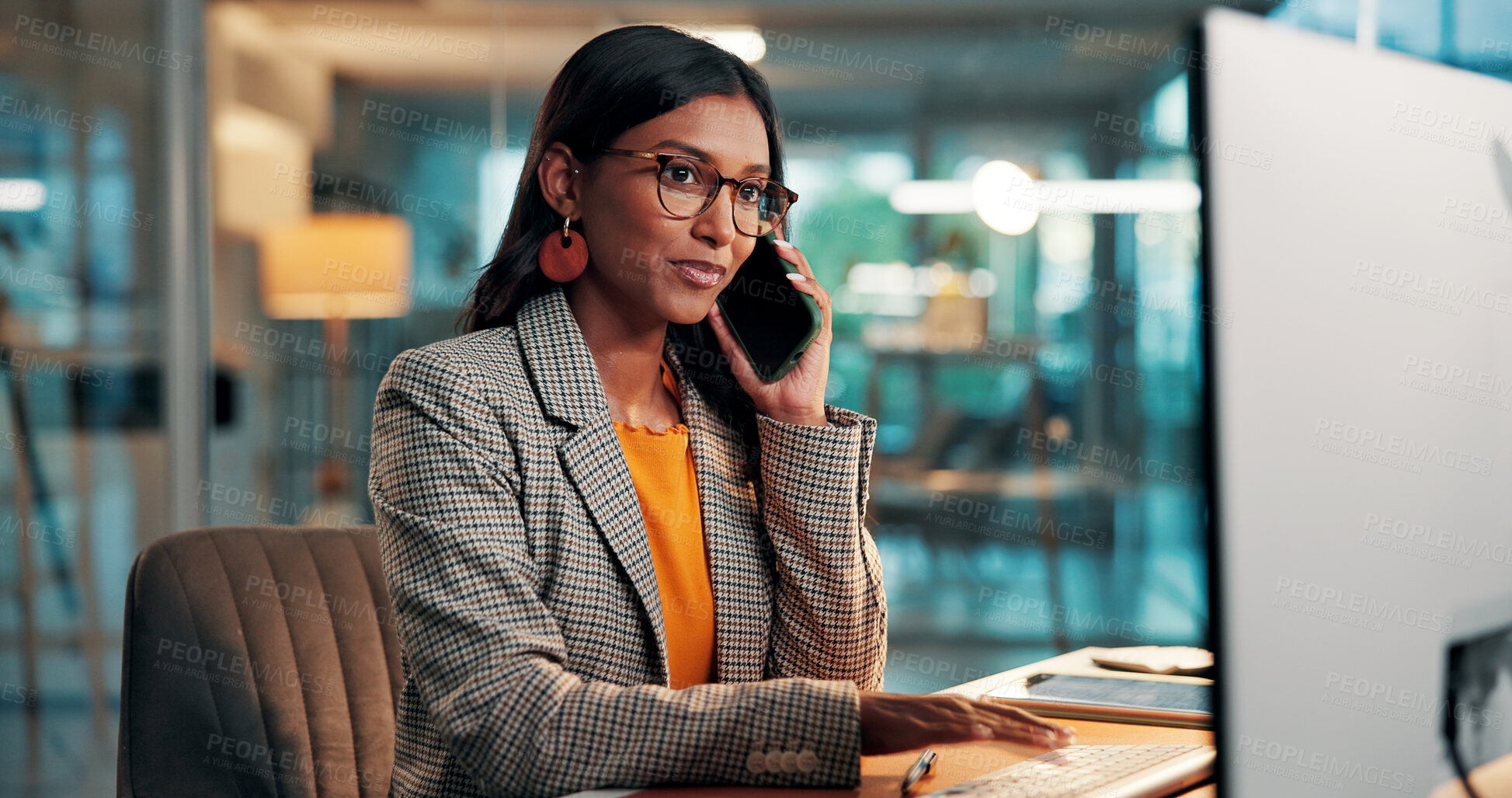 Buy stock photo Research, phone call and woman with computer in office for creative project with online article. Glasses, feedback and female magazine editor with communication or review for publishing on technology