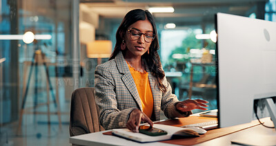 Buy stock photo Phone, notification and woman with computer in office for creative project with online article. Glasses, feedback and female magazine editor with communication or review for publishing on technology