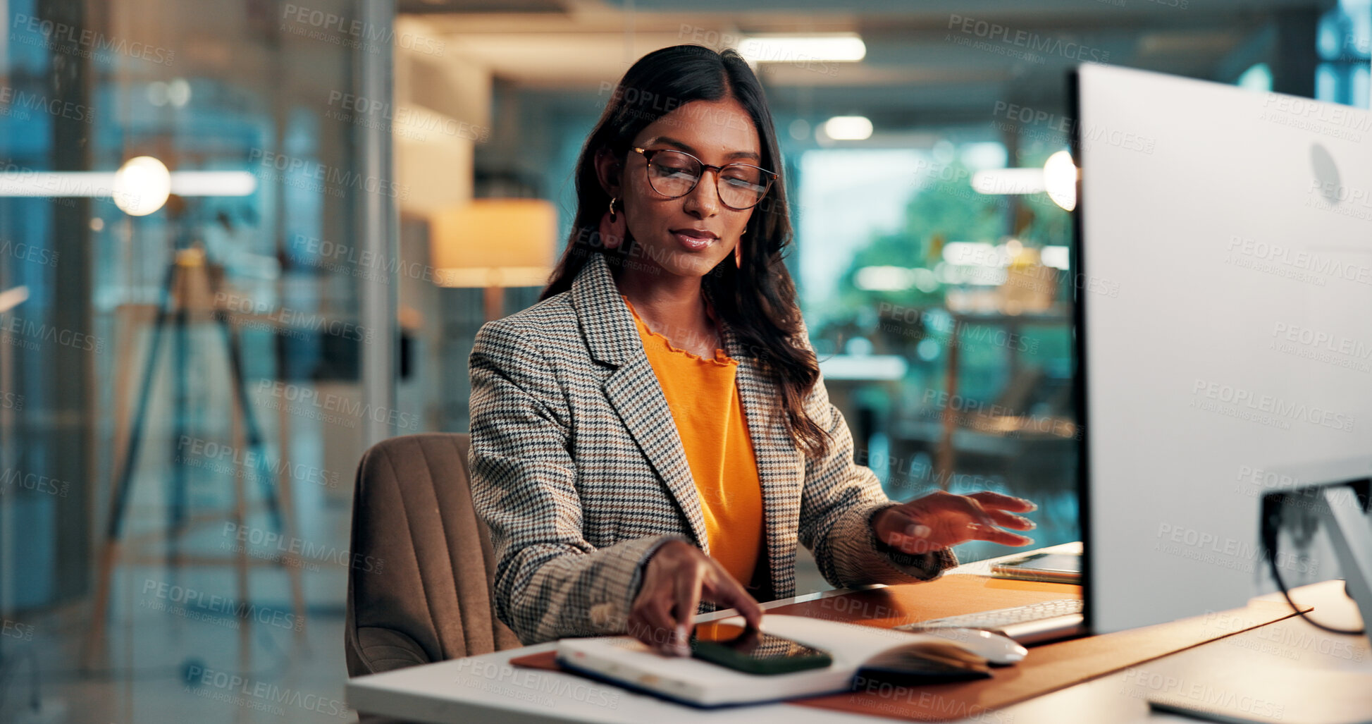 Buy stock photo Phone, notification and woman with computer in office for creative project with online article. Glasses, feedback and female magazine editor with communication or review for publishing on technology