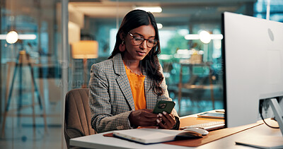 Buy stock photo Phone, typing and woman with computer in office for creative project with online article. Glasses, draft feedback and female magazine editor with communication or review for publishing on technology