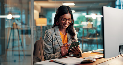 Buy stock photo Phone, smile and woman with computer in office for creative project with online article. Glasses, draft feedback and female magazine editor with communication or review for publishing on technology
