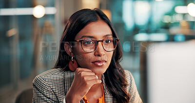 Buy stock photo Computer, reading or businesswoman in office at night, economy trend research or find market opportunity. Overtime, risk assessment or trader thinking for asset management, buy or sell stocks with pc