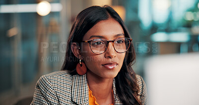 Buy stock photo Computer, night reading or business woman in office, economy trend research or find market opportunity. Overtime, risk assessment or trader with online asset management, buy or sell stocks for client