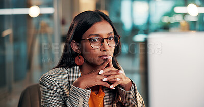 Buy stock photo Night, employee and woman with computer, thinking and planning for article, journalist and creative. Proofreading, draft and Indian person with tech for story, working late and reflection in newsroom