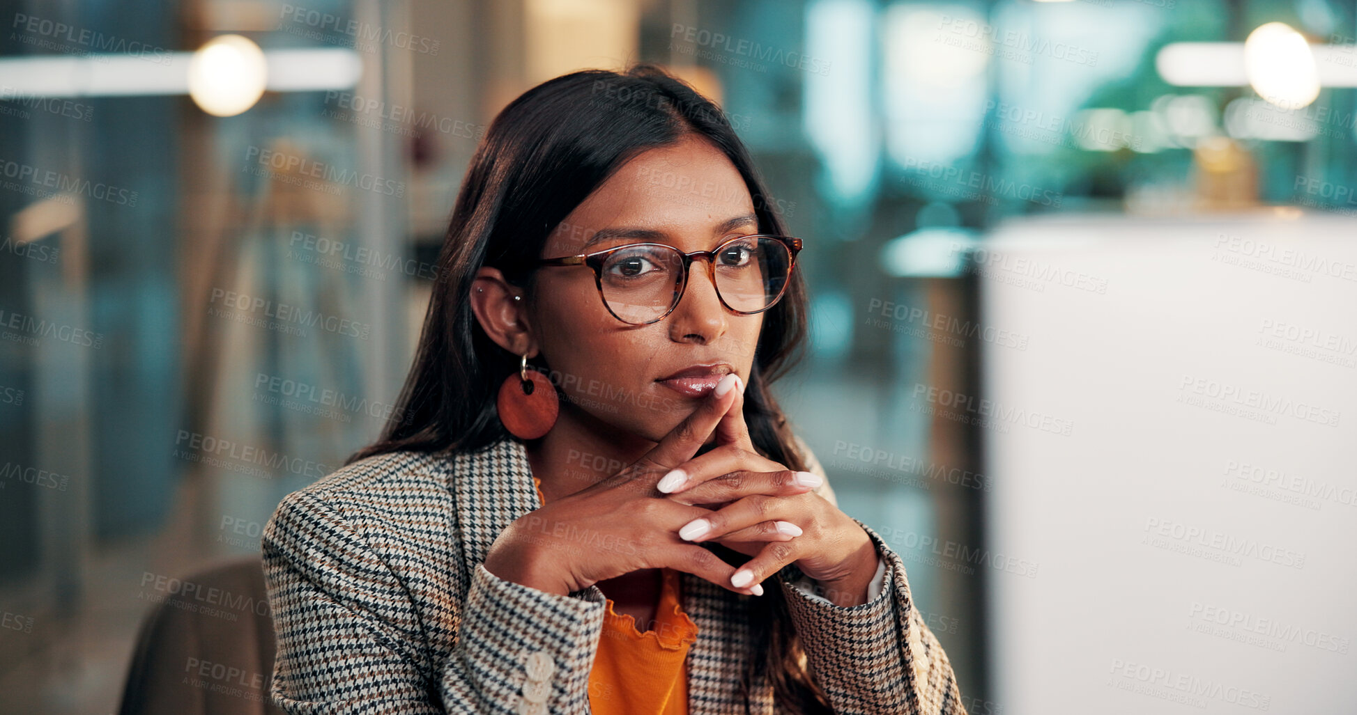 Buy stock photo Night, employee and woman with computer, thinking and planning for article, journalist and creative. Proofreading, draft and Indian person with tech for story, working late and reflection in newsroom