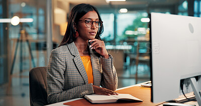 Buy stock photo Computer, review or businesswoman in office at night, economy trend research or find market opportunity. Tech, risk assessment or trader think for late asset management, insight notes or sell stocks