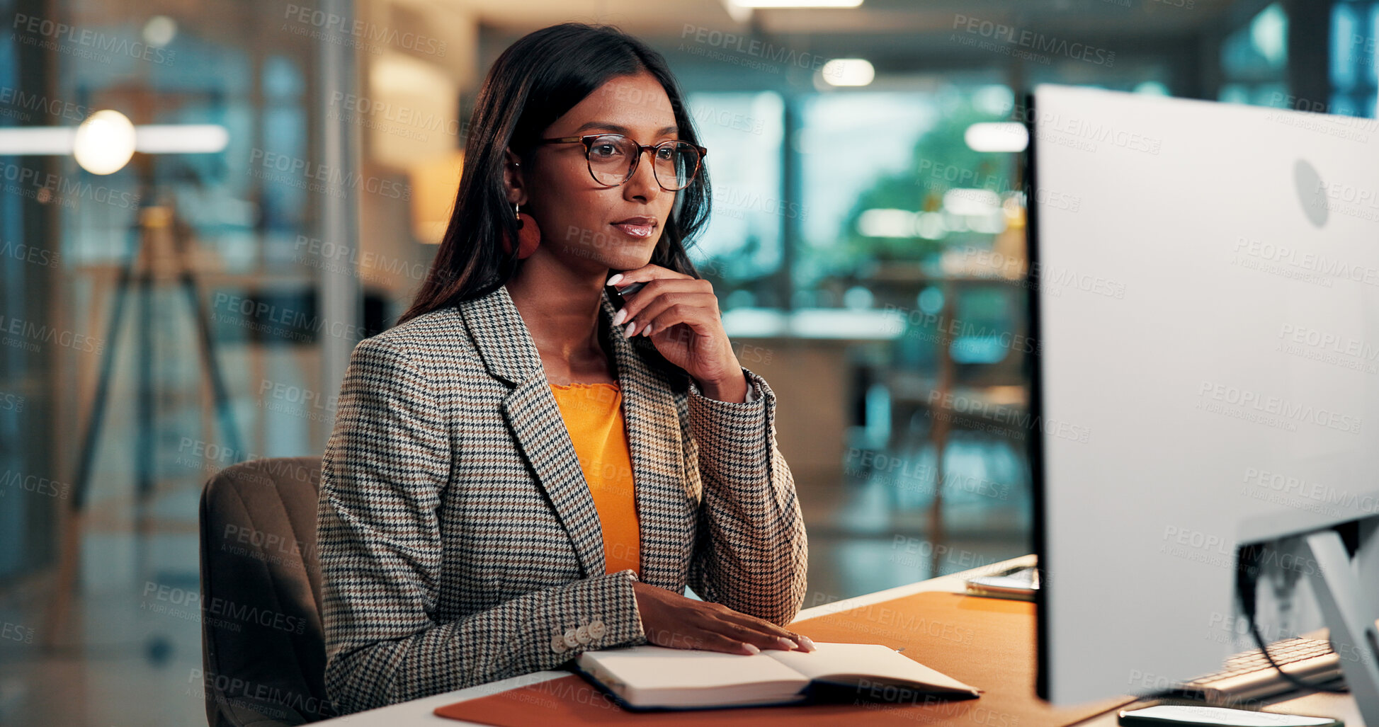 Buy stock photo Computer, review or businesswoman in office at night, economy trend research or find market opportunity. Tech, risk assessment or trader think for late asset management, insight notes or sell stocks