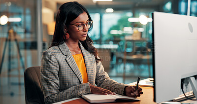 Buy stock photo Notebook, writing and woman with agenda in office for creative project, evening and online article. Glasses, feedback and magazine editor with computer, to do list or review deadline for publishing