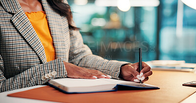 Buy stock photo Hands, writing and notebook at office for review, proposal or research for article at media company. Person, writer or journalist with planning story, editing or project management at creative agency