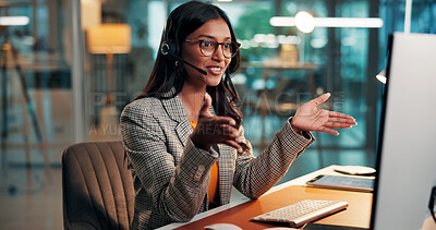 Buy stock photo Computer, call center and happy business woman with banking advice, loan inquiry or talking. Desktop, headset and agent on customer support hotline for financial feedback, help desk or credit service