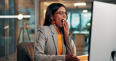 Buy stock photo Yawn, tired and business woman in office with computer, exhausted and overworked event planner. Person, fatigue and sleepy employee with burnout, deadline pressure and lazy coordinator in workplace